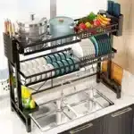 Adjustable Metal Kitchen Storage Rack with Drip Tray & Utensil Holder - Expandable Sink Organizer for Dishes Cups