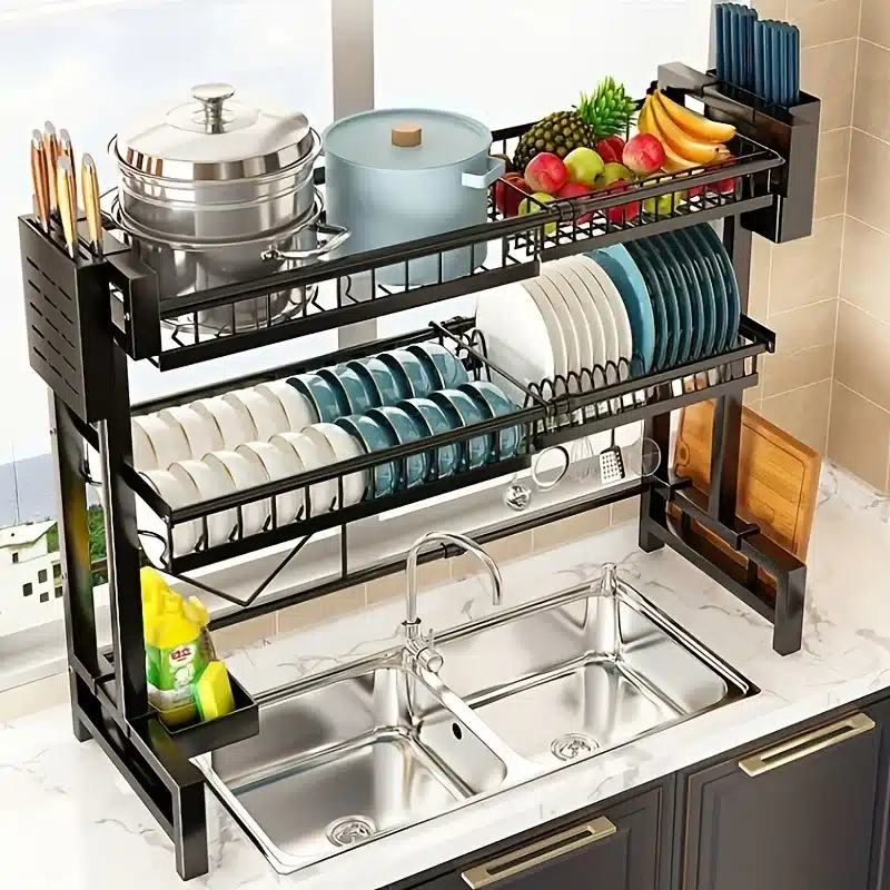 Adjustable Metal Kitchen Storage Rack with Drip Tray & Utensil Holder - Expandable Sink Organizer for Dishes Cups Cooking Tools