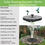 Outdoor bird bath fountain with solar panel and water spray in a garden