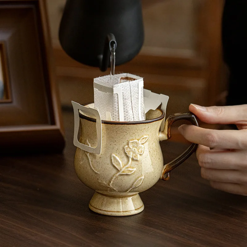 Hibiscus Cup Medieval Relief Tall Mug French Ceramic Coffee Cups Water Cup Large Capacity Milk Cup, 300ml