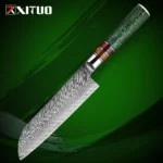 Damascus kitchen knife set with 8 knives displayed on a wooden cutting board