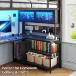 Twin Loft Bed L-Shaped Gaming Desk Storage Hutch Power Outlet Metal Frame RGB Lights Space Saving Teens Black, Customized