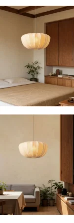 Wabi sabi pendant light hanging over a wooden dining table in a cozy room