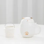 Creative Cartoon Black/White Lucky Cat With Cover Filter Tea Water Separation Office Cup Household Gifts Personal Mug, 1Pc