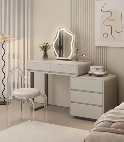 Modern bedroom vanity table with mirror and storage drawers, makeup vanity desk with stool