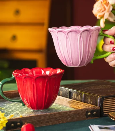 Creative Ceramic Coffee Cup Delicate Flower Mug English Afternoon Camellia Flower Tea Coffee Mug Large Capacity Breakfast Cup