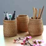 Rattan Pencil Holder, Handmade Wicker Pen Cup Makeup Brushes Holder, Woven Vine Desk Organizer Pen Container Box – styled in