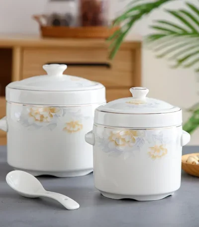 Ceramic Stew Pot Korean Creative Egg Bird's Nest Dessert Bowl Double Lid Soup Cup Tableware Home Kitchen Supplies
