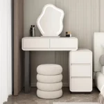 Modern minimalist vanity table with mirror and stool, wood construction, bedroom furniture