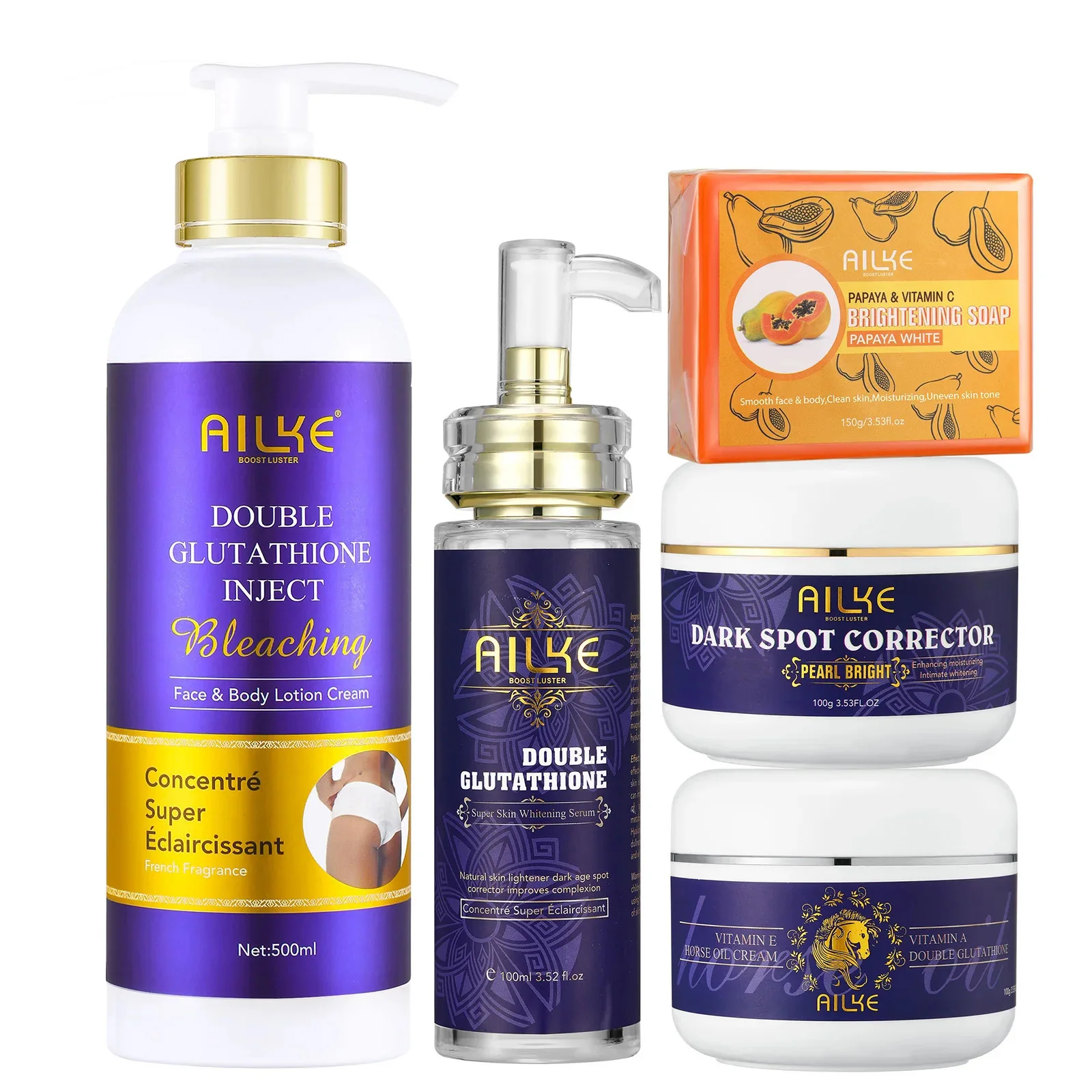 AILKE Glutathione 5-in-1 Women Skin Care Kit, With Body Lotion, Serum, Dark Spot Removal Cream, Body Cream, Brightening