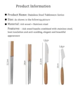 Stainless steel flatware set with wooden handles displayed on a table
