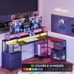 JHK 75IN L-Shaped Computer Desk with Power Outlet and LED Strip 2 Drawers For Study Office Gaming Wood Table Modern Work
