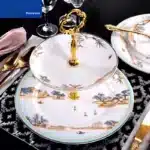 European Style Ceramic Double Layered Tray Fruit And Candy Plate Afternoon Tea Cake Stand Three Tier Dessert Holder Serving