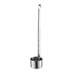 Stainless steel measuring cup with hook hanging on a kitchen rack