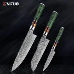 Damascus kitchen knife set with 8 knives displayed on a wooden cutting board
