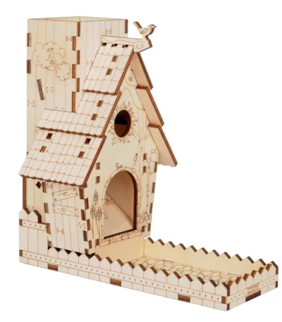 CZYY bird feeder dice tower with tray, wood laser cut, placed on a garden table with green foliage background.