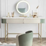 Modern dressing table set with two drawers, mirror, and stool in a bedroom setting