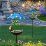 Outdoor Solar Frog Figurine Lights with Umbrella Solar Bird Feeder Frog Garden Decor Hummingbird Feeder Decorative Path