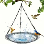 Hanging bird feeder bath with a shallow blue bowl, ideal for small birds to bathe.
