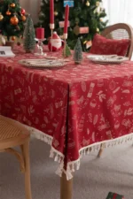 Beautiful Merry Christmas Red Jacquard Christmas Tree Bell Deer Tassel Tablecloth Tea Table Tablecloth Cover Towel