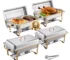 Stainless steel chafers buffet set with full and half size pans on catering table