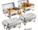 Stainless steel chafers buffet set with full and half size pans on catering table