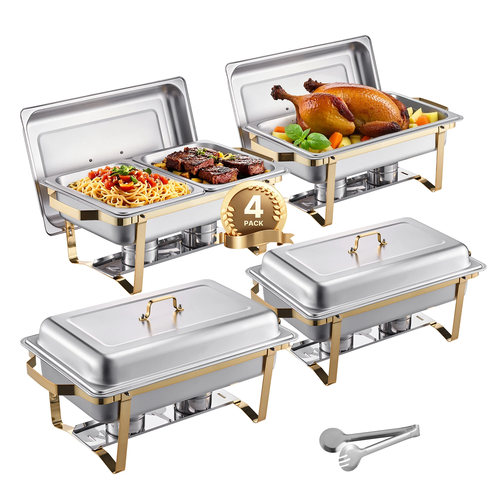 S3efd2a74049a47fcab01a4247c1eeb4eu.webp SucceBuy 8 Qt 4 Pack Chafing Dish Buffet Set Stainless Steel Chafer with 2 Full Size and 4 Half Size Pans Catering Warmer Server - Image 1