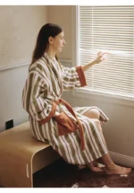 Color Matching Cotton Bathrobe Striped CottonYarn Bathrobes Soft Cozy Absorbent Bath Towel Robes V Neck Hooded Loose
