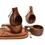 E5BB Finland Kuksa Portable Coffee Mug Acacia-Wood Handle Cowhide Rope Hook Juice Cup – in a cozy room setting
