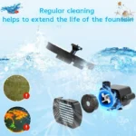 Outdoor bird bath fountain with solar panel and water spray in a garden