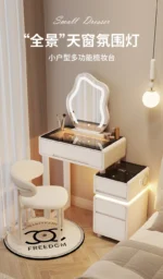 Luxury modern dressing table with mirror and stool in bedroom setting featuring compact vanity with drawers