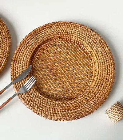 13 inch Handmade Natural Rattan Plate Decorative round placemat Bread Snack Serving Tray INS Table Decor