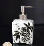 Lotion bottle with a label reading 'hand soap' in Chinese characters, on a granite counter.