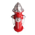 Side view of fire hydrant statue, showing detailed hose connection knobs.