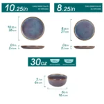 Grey-blue reactive glaze stoneware dinnerware set with plates and bowls on wooden table