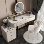 White MDF dressing table with mirror and stool in a modern bedroom setting