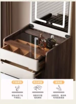 Modern dressing table organizer with shelves for makeup and jewelry in a minimalist bedroom setting