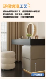 Minimalist modern dressing table with mirror and stool in a bedroom setting with 4 drawers and 4 doors