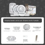 Elegant 20-piece porcelain dinnerware set arranged on a table, showcasing bowls and plates in a gift box