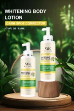WK JALY lotion bottle with ingredients list visible, on a marble countertop
