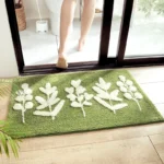 Green leaves flocking non slip bath mat on bathroom floor