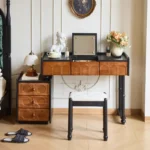 Goldoma ash wood dressing table with mirror and six drawers in a bedroom setting