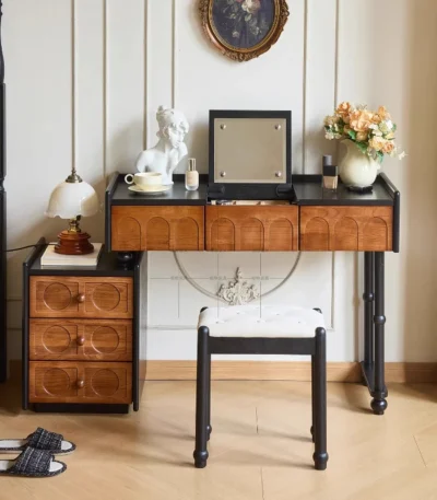 Goldoma ash wood dressing table with mirror and six drawers in a bedroom setting