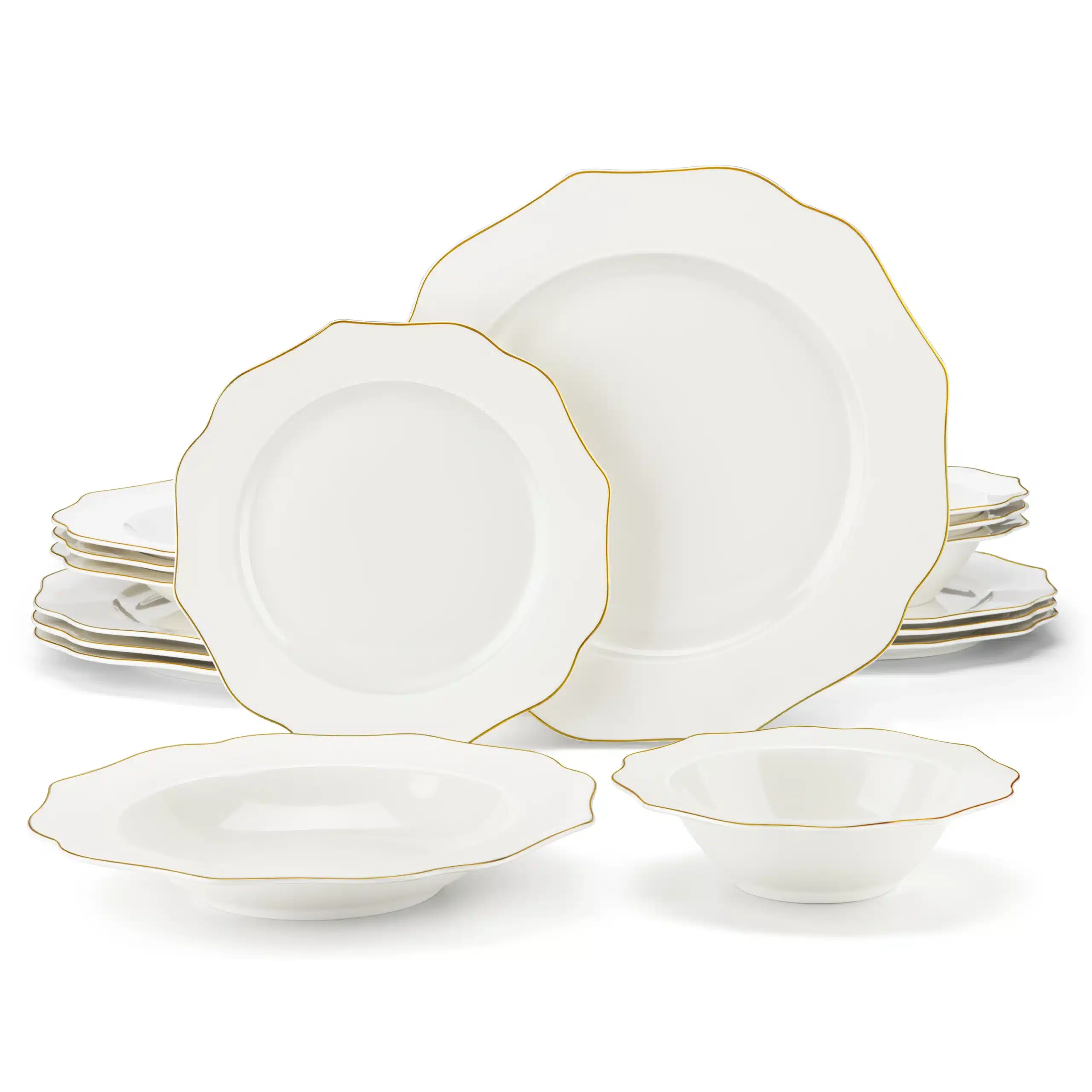 MALACASA 16/32-PIECE Nordic European Golden Rim White Porcelain Tableware Set with Bowl,Dinner&Dessert&Soup Plate