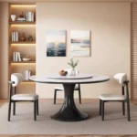 Modern round slate dining table with solid wood legs - Goldoma