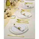 Elegant 350-Piece Gold Plastic Dinnerware Set: 100 Rimmed Plates, 150 Cutlery, 50 Napkins, 50 Cups for Parties &