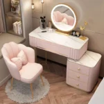 French white wooden dressing table with mirror and stool in a modern bedroom setting
