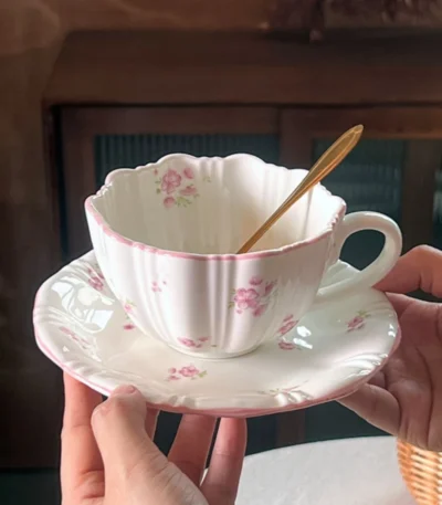 European Pink Cherry Blossoms Mugs Porcelain Cup&saucer Tableware Coffee Mug Dining Table Afternoon Tea Teacup Fruits