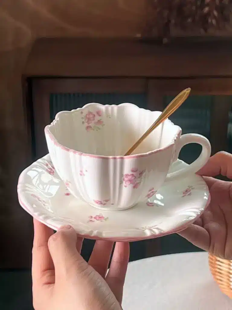 European Pink Cherry Blossoms Mugs Porcelain Cup&saucer Tableware Coffee Mug Dining Table Afternoon Tea Teacup Fruits