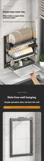 Wall-Mounted Kitchen Dish Rack Multifunctional Kitchen Organizer with Drainboard Cutlery Storage Holder Dinnerware Drainer